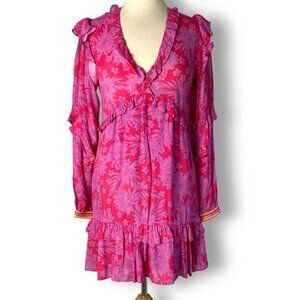 NWT Hale Bob Grace Pink Red Mini Dress, Wisteria, Empire Waist Sz XS, Ruffle